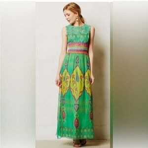 Hemant & Nandita Anthropologie Green Silk Smocked Waist Boho Maxi Dress Sz 12
